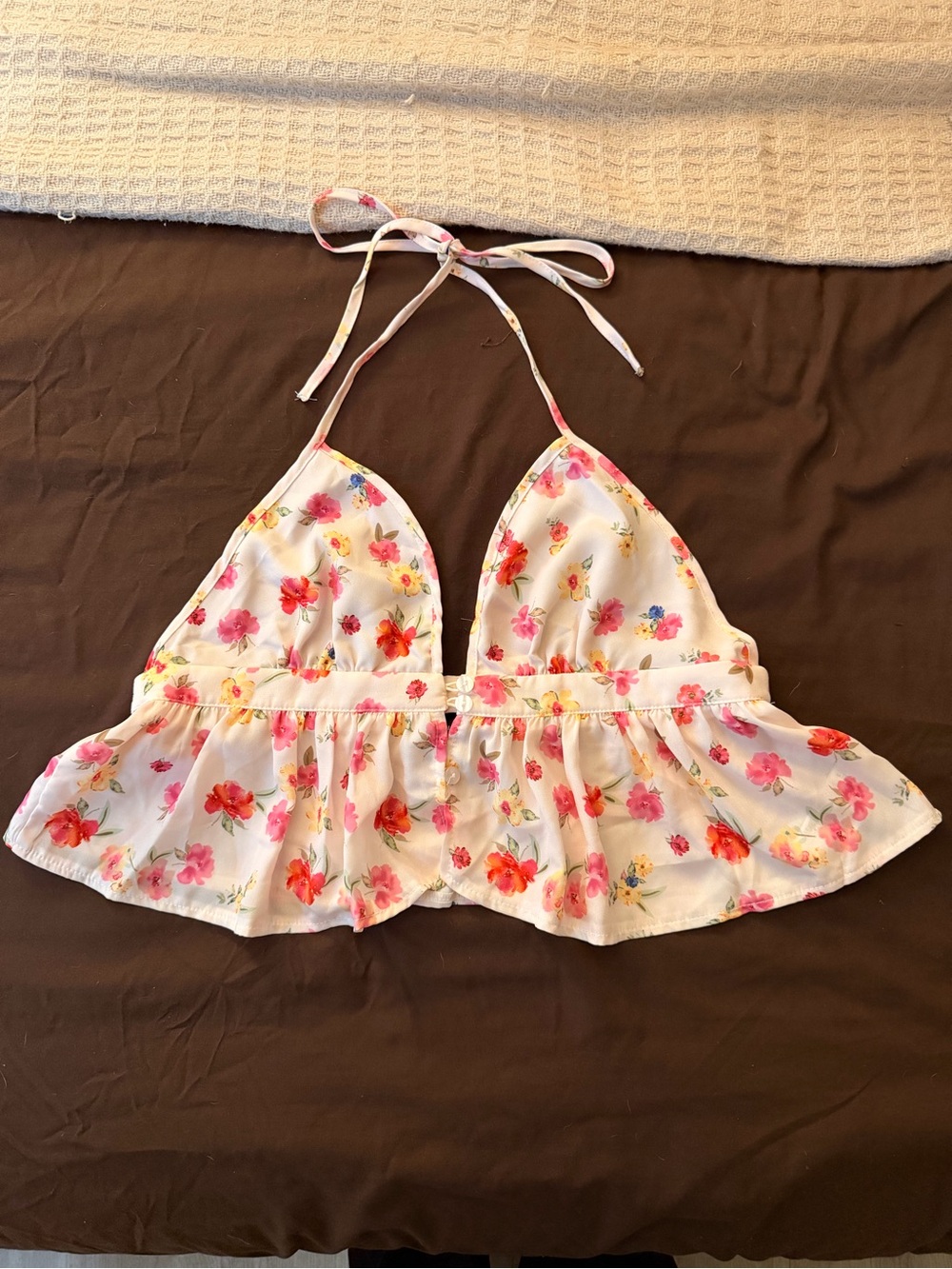 SHEIN White Floral Halter Ruffle Chemise Top